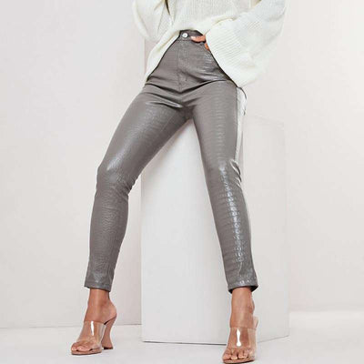 pantalon cuir effet croco gris