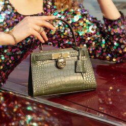 sac à main cuir croco vert pour femme